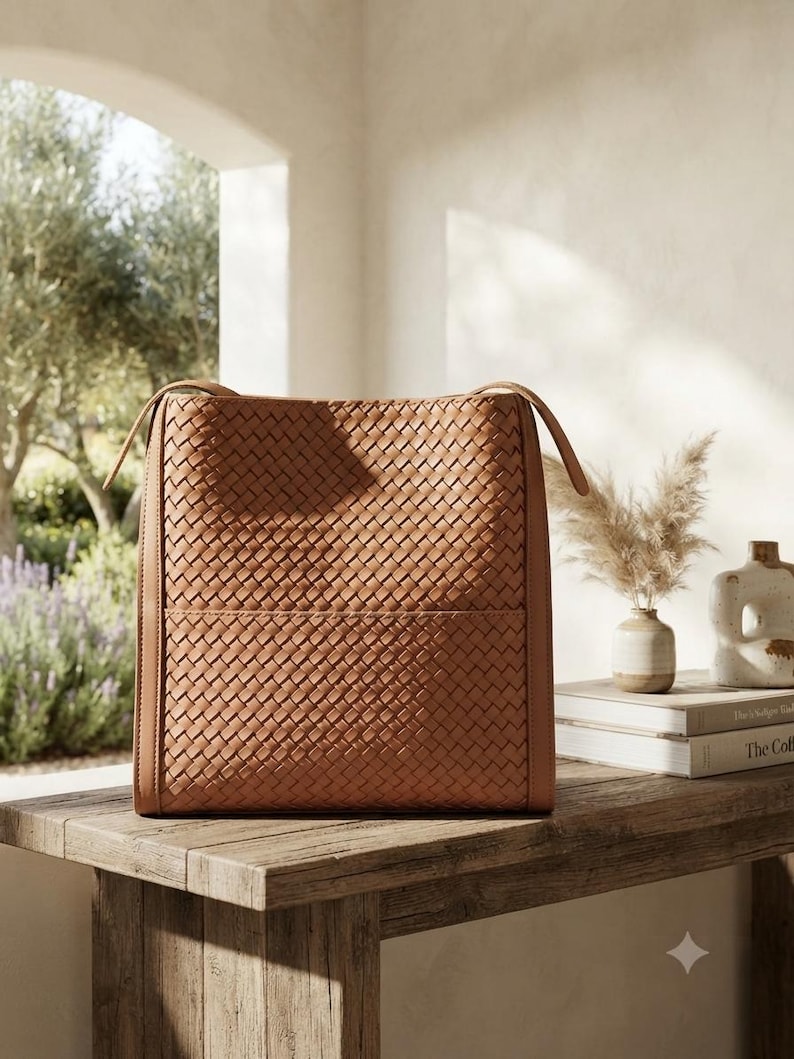 May include: A tan-colored tote bag featuring an intricate woven pattern across the front and back panels. The bag has a structured rectangular shape with smooth leather-like side panels and two thin shoulder straps attached at the top corners.