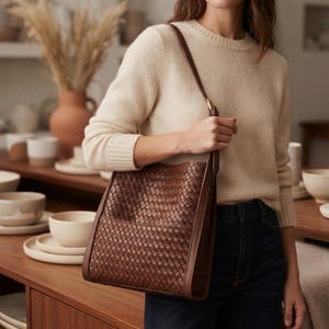 May include: A dark brown woven leather shoulder bag with a rectangular silhouette, featuring a detailed basket-weave pattern, smooth leather side panels, and a matching adjustable shoulder strap with gold-toned metal hardware.