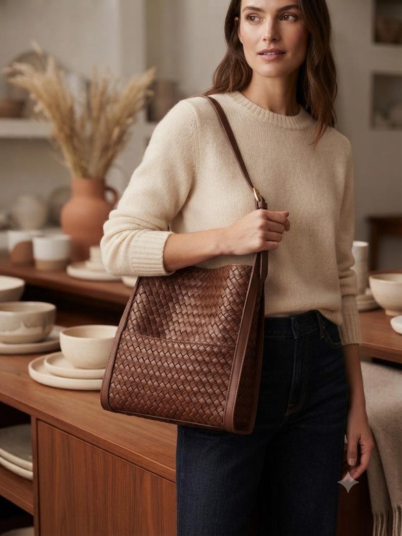 May include: A dark brown woven leather shoulder bag with a rectangular silhouette, featuring a detailed basket-weave pattern, smooth leather side panels, and a matching adjustable shoulder strap with gold-toned metal hardware.