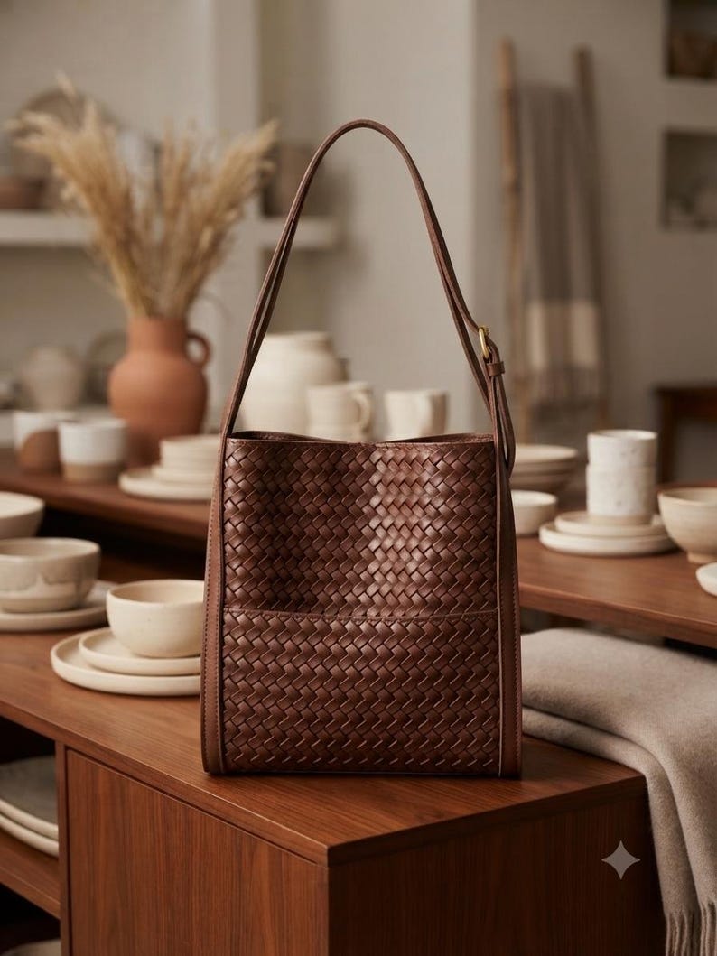 May include: A dark brown leather shoulder bag featuring an intricate woven pattern across the front panel. The bag has a vertical rectangular shape, a single long strap with a metal buckle adjustment, and smooth leather side panels with visible stitching.