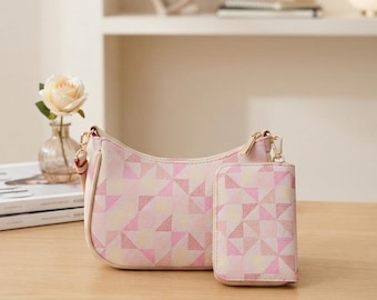 Pink Geometric Vegan Leather Handbag Set, Shoulder Bag with Wallet