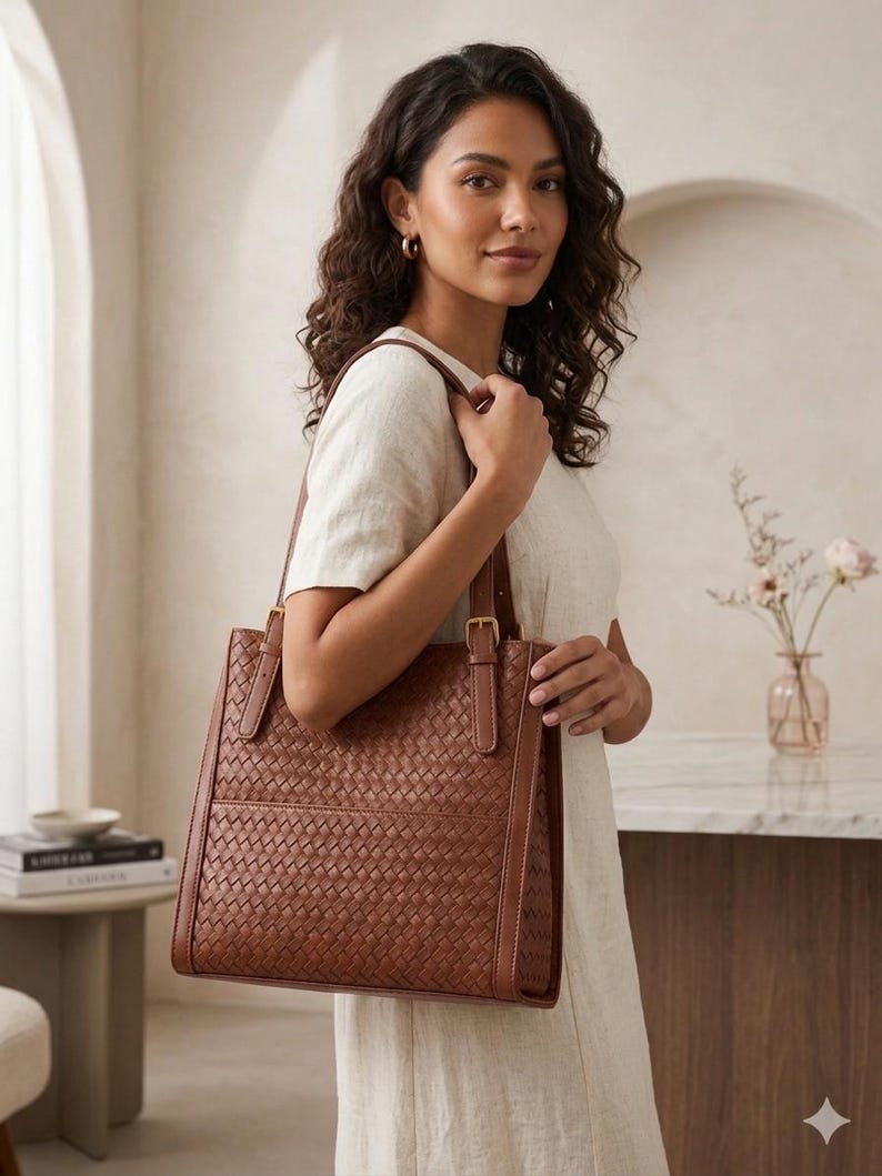 May include: A medium-sized brown tote bag featuring a woven leather exterior pattern, smooth leather side panels, and two adjustable shoulder straps with gold-toned metal buckles. The bag has a structured rectangular shape and a flat base.