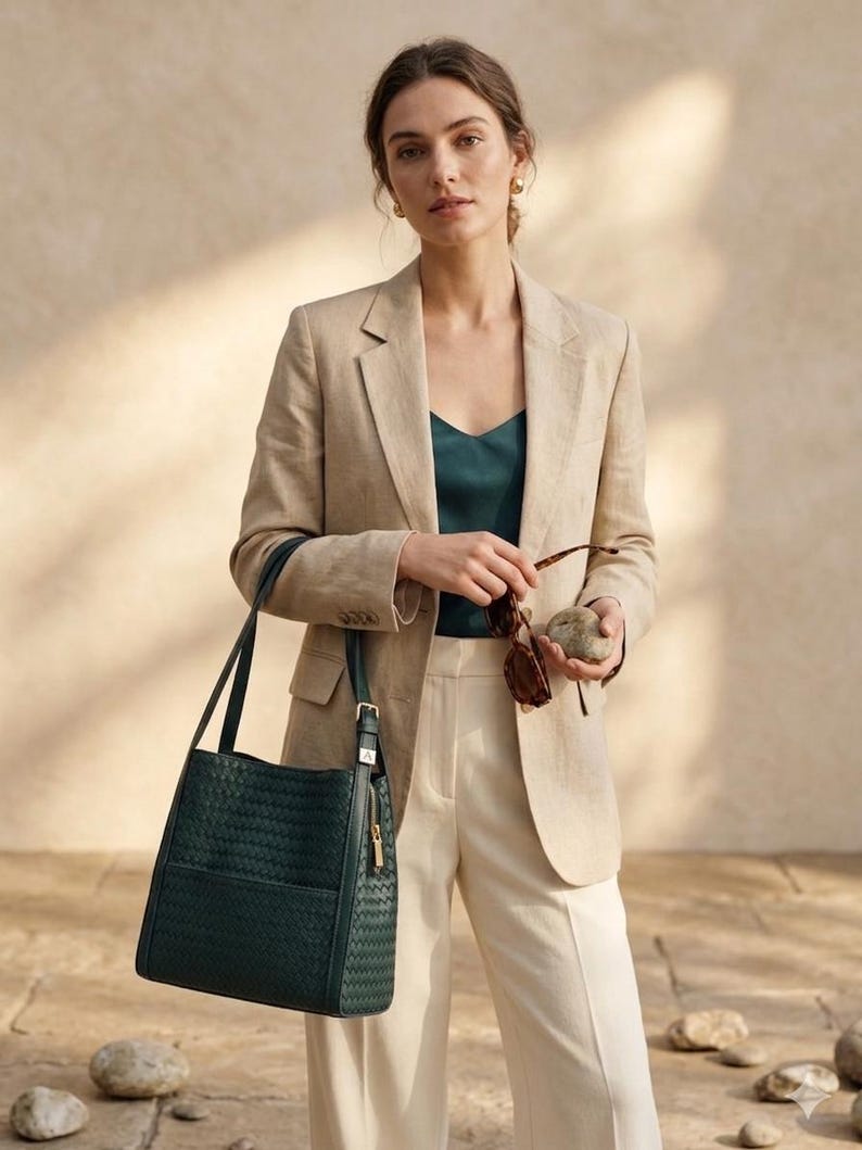 May include: A dark green woven leather tote bag with dual shoulder straps and a gold-tone side zipper, paired with a beige linen blazer, a dark green camisole, and cream-colored trousers. The bag features a structured rectangular shape.