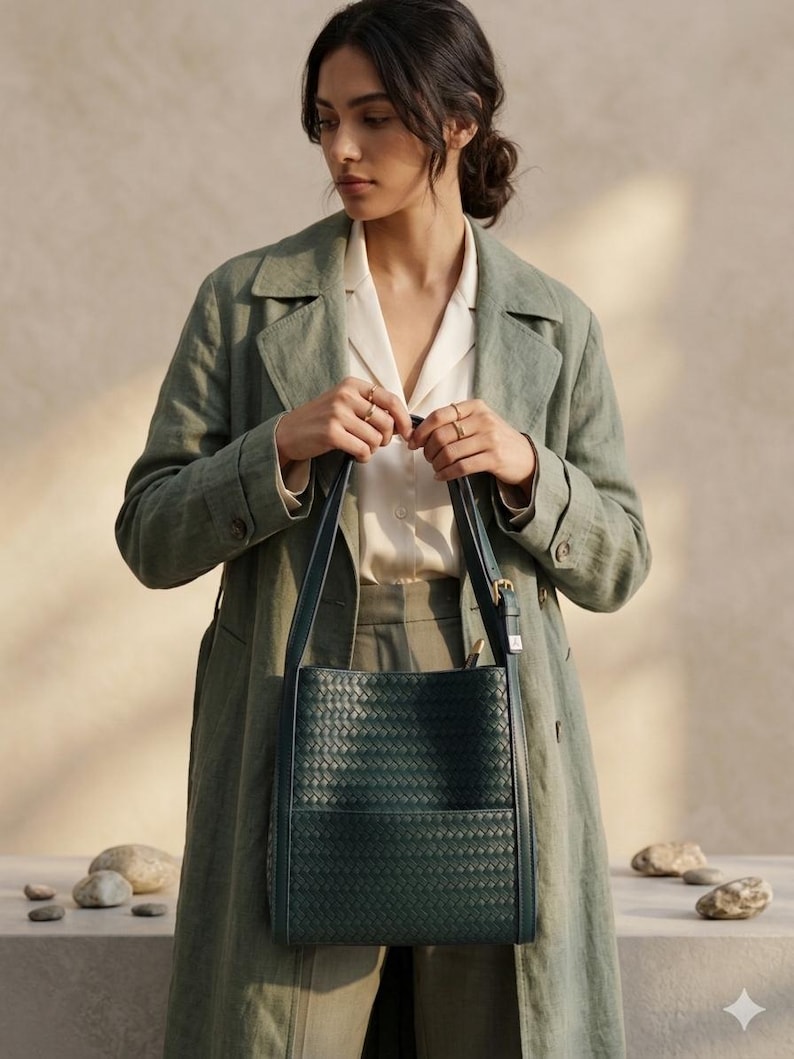 May include: A dark forest green tote bag featuring a woven leather exterior pattern, two vertical shoulder straps with gold-toned metal buckles, and a structured rectangular silhouette with a flat base and an open top design.
