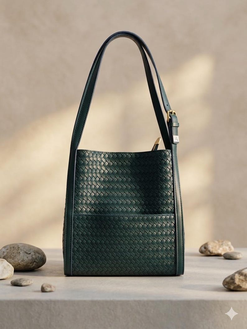 May include: A dark forest green bucket bag featuring an intricate woven leather exterior pattern. The bag includes a single adjustable shoulder strap with a gold-toned metal buckle and a top zipper closure with a matching leather pull tab.