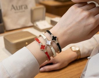 Lucky Clover Enamel Cuff Bracelet | Stainless Steel Bangle, Crystal Accents