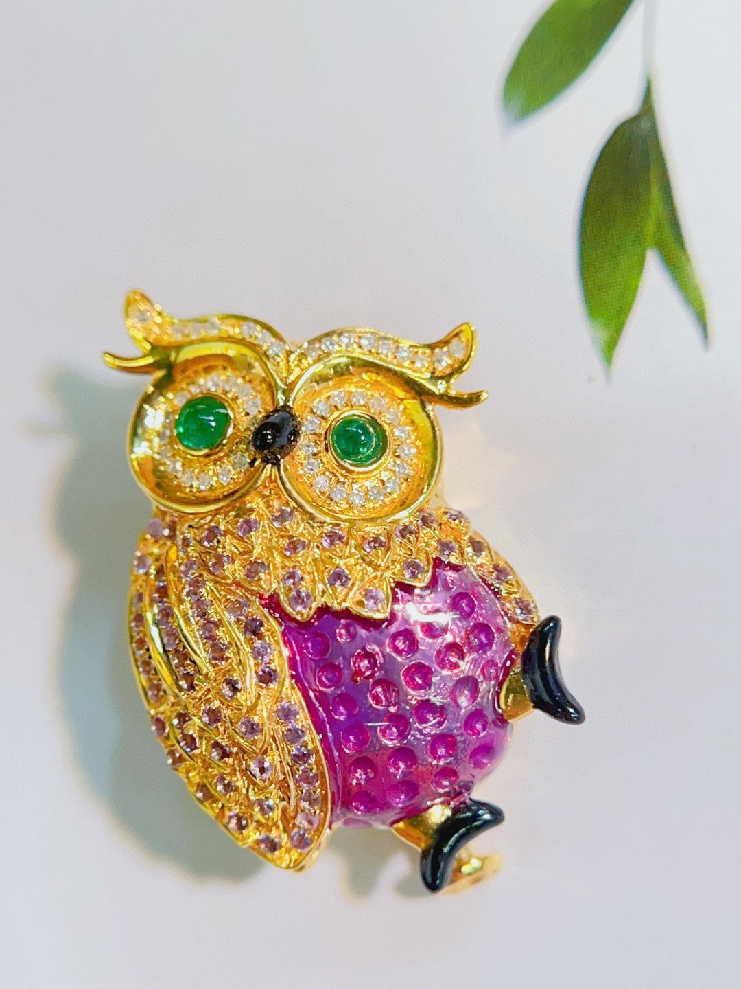 18K Purple Sappaire Diamond Pendant/Brooch (Owl)