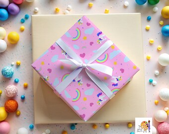 気まぐれなユニコーンのラッピングペーパー、誕生日のラッピングペーパー、ギフト用のラッピングペーパー、誕生日のギフトラップ、ハッピーバースデーのラッピングペーパー