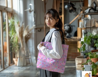 Puede incluir: Una mujer sostiene una bolsa de mano rosa con un patrón de unicornio y arcoíris. La bolsa tiene correas negras y un borla.