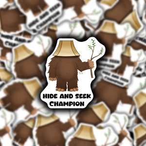 Die-Cut Stickers, Hide and Seek Champion, graphic stickers, bigfoot, sasquatch, skunk ape, cryptid, mythical creatures, cryptid art, gift