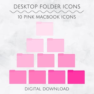 May include: Ten pink folder icons arranged in a pyramid shape. The icons are in various shades of pink, with the top icon being the lightest and the bottom icon being the darkest. The text "Desktop Folder Icons" and "10 Pink Macbook Icons" is at the top of the image. The text "Digital Download" is at the bottom of the image.