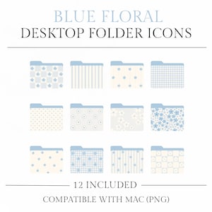 Könnte beinhalten: Zwölf blaue und weiße Desktop-Ordner-Icons mit floralen Mustern. Jeder Ordner hat einen hellblauen Reiter und ein einzigartiges Muster, darunter Blumen, Streifen und Karos. Der Text "BLUE FLORAL DESKTOP FOLDER ICONS" ist oben zu sehen.