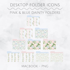 May include: Nine digital folder icons with floral patterns in pink, blue, and green. The icons are labeled "DESKTOP FOLDER ICONS" and "PINK & BLUE DAINTY FOLDERS". The icons are labeled "MACBOOK - PNG" at the bottom.