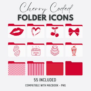 May include: A set of red and white folder icons featuring designs such as lips, a heart, cherries, and a bow. The text "Cherry Coded FOLDER ICONS" is at the top, with "55 INCLUDED" and "COMPATIBLE WITH MACBOOK - PNG" at the bottom.