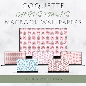 May include: A display of several MacBook screens showcasing Christmas-themed wallpapers. The screens feature various patterns, including bows, gingerbread men, and Christmas trees, in shades of pink, brown, and blue. The text "COQUETTE CHRISTMAS MACBOOK WALLPAPERS" is displayed at the top.
