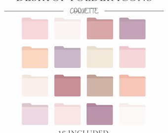 May include: Sixteen pastel-colored desktop folder icons in shades of pink, peach, beige, and purple. The text "Desktop Folder Icons Coquette" is at the top, with "16 Included Compatible with Mac" at the bottom.