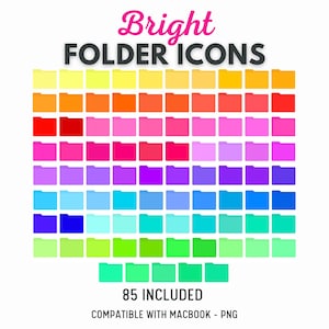 May include: A collection of 85 colorful folder icons in a variety of hues, including yellow, orange, red, pink, purple, blue, and green. The words "Bright FOLDER ICONS" are displayed in pink and black. The text "COMPATIBLE WITH MACBOOK - PNG" is also included.
