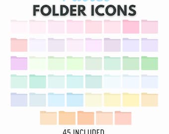 May include: A collection of 45 pastel-colored folder icons in various shades of pink, purple, green, blue, and yellow. The words "Pastel Folder Icons" are displayed at the top in light blue and black. The text "45 Included Compatible with Macbook - PNG" is at the bottom.