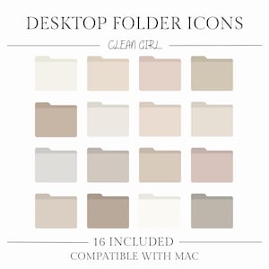 Puede incluir: Dieciséis iconos de carpetas de escritorio en tonos beige en varias tonalidades, dispuestos en una cuadrícula. El texto "DESKTOP FOLDER ICONS" y "CLEAN GIRL" están en la parte superior. El texto inferior dice "16 INCLUDED COMPATIBLE WITH MAC".