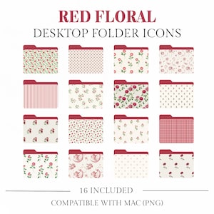 May include: Sixteen red floral desktop folder icons with diverse patterns, such as polka dots, stripes, and floral motifs. The text "RED FLORAL DESKTOP FOLDER ICONS" is at the top. The bottom text reads "16 INCLUDED COMPATIBLE WITH MAC (PNG)".