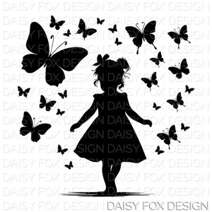 Image numérique Silhouette petite fille entourée de papillons - SVG, PNG, DXF, Pdf et Jpg - téléchargement immédiat