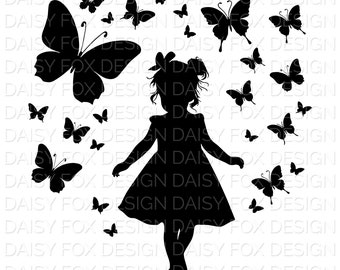 Klein meisje omringd door vlinders silhouet digitaal beeld - SVG, PNG, DXF, Pdf en Jpg - Instant Download