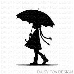 Petite fille tenant un parapluie Silhouette SVG Dxf Png Pdf Jpg | Téléchargement numérique | Fichiers de découpe Cricut | des cliparts du mercredi | Fichiers SVG