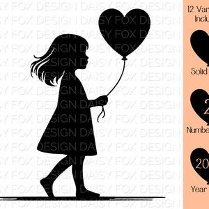 Kleines Mädchen hält einen herzförmigen Ballon SVG Dxf Png Pdf Jpg | Digitaler Download | Enthält Variationen mit den Nummern 1-10 und 2024