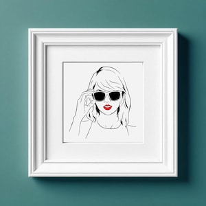 May include: Black and white line drawing of a woman wearing sunglasses and red lipstick. The woman is looking to the side and has her hair pulled back.