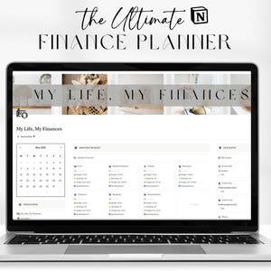 May include: A laptop computer displaying a website with the text "My Life, My Finances" and a calendar for May 2023. The website is a financial planner with sections for budgeting, spending, and debt tracking.