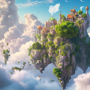 Może przedstawiać: Ilustracja fantasy przedstawiająca unoszące się miasto w chmurach. Miasto jest zbudowane na dużej, skalistej wyspie z bujnymi zielonymi drzewami i zamkiem z pomarańczowymi i brązowymi dachami. Miasto otoczone jest puszystymi białymi chmurami i błękitnym niebem.
