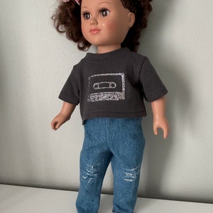 Doll Clothes made for 18” dolls, Handmade Retro T-shirt and coordinating handmade jean, made with ethically sourced material.