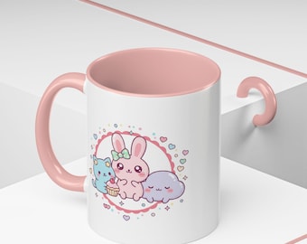 Kawaii Bunny & Kitten Coffee Mug | Pastel Goth Accent Mug