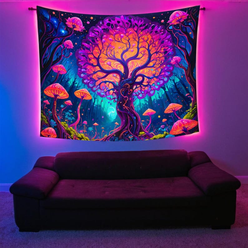 Uv-reactive Forested Landscape Indoor Wall Tapestry, Trees and Mushroom ...