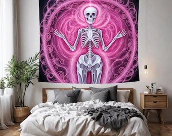 Pink Skeleton Wall Tapestry, Female Skeleton Design, Gothic Home Decor, Halloween Wall Art, Large Fabric Wall Hanging, Boho Dorm Tapestry