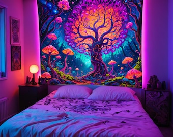 May include: A psychedelic tapestry featuring a large, glowing tree with purple, orange, and yellow branches. The tree is surrounded by a forest of glowing mushrooms in various shades of pink, orange, and yellow. The tapestry is set against a dark blue background with stars and a full moon.