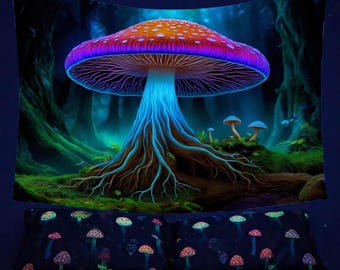 Arazzo psichedelico con funghi, decorazione da parete con foresta psichedelica e luce nera, arazzi per interni, mistico