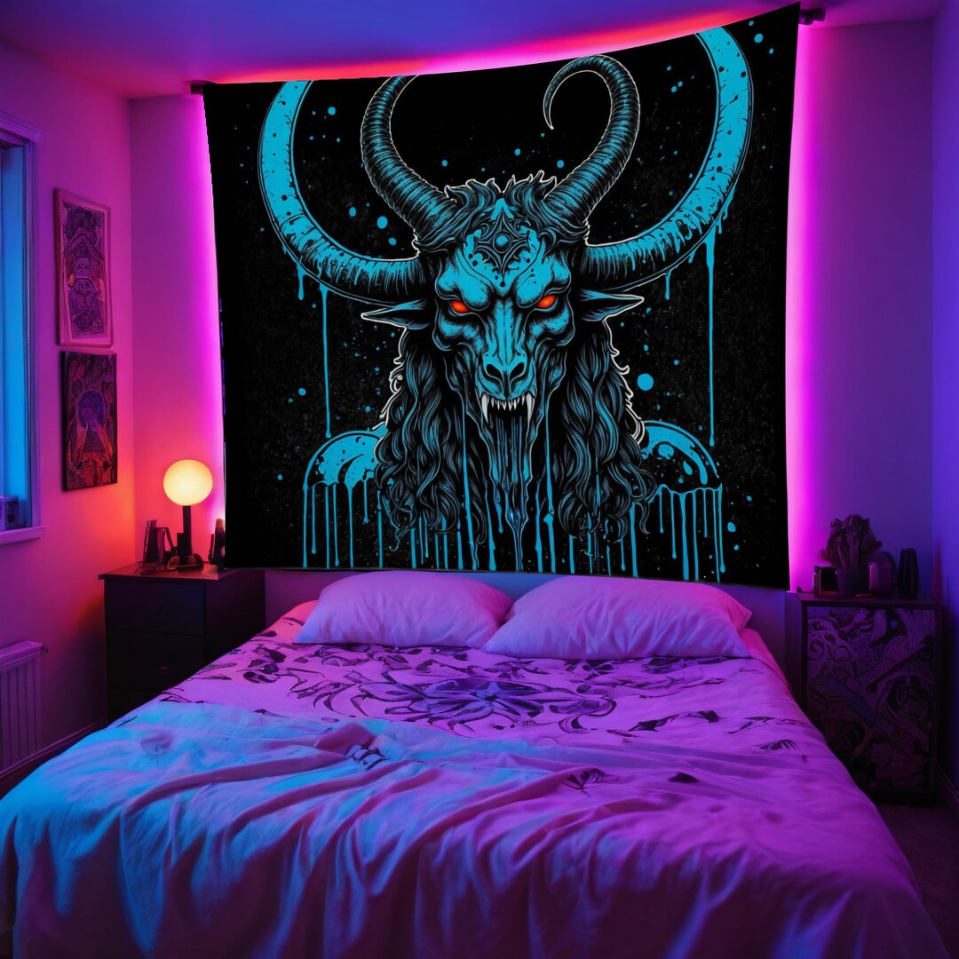 Satanic Room Baphomet Wall Tapestry, Satanic Decor, Occult Room Art, Red Eyes Blue ...