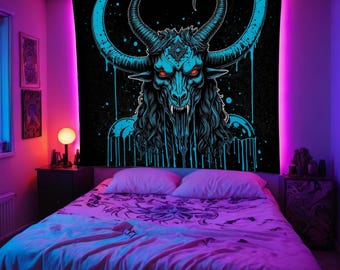Baphomet Wall Tapestry, Satanic Decor, Occult Room Art, Red Eyes Blue Dripping Paint Style, Gothic Wicca Tapestries,
