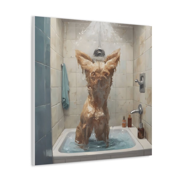 Chihuahua morphed man in shower canvas wrap hanging wall art, Perfect bathroom decor for your home. Gift for chihuahua owner.