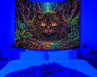 Arazzo psichedelico con gatto reattivo alla luce nera, arazzi da parete per interni psichedelici e psichedelici, decorazioni artistiche da parete, decorazioni per la casa, arazzi da parete,