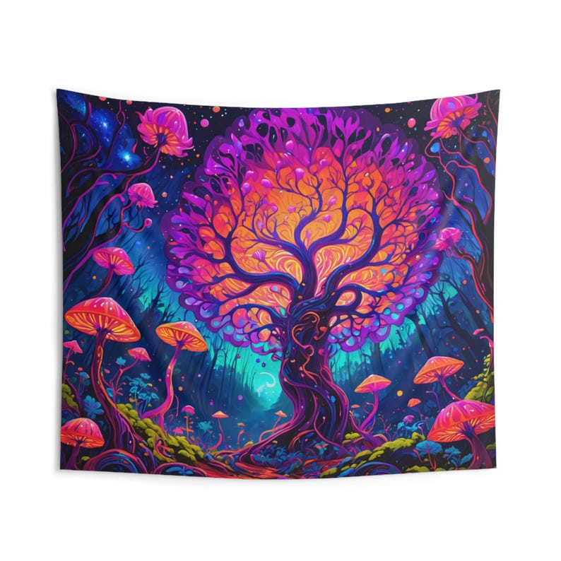 Uv-reactive Forested Landscape Indoor Wall Tapestry, Trees and Mushroom ...