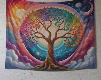May include: A colorful tapestry featuring a large tree with rainbow-colored leaves and a swirling, celestial background. The tree is surrounded by a ring of stars and planets, and the background is a mix of blues, purples, and pinks.