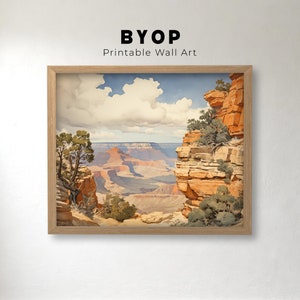 Vintage Watercolor Painting of the Grand Canyon, National Park Landscape Art Print, Instant Download