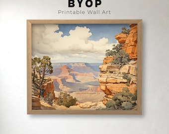 Vintage Watercolor Painting of the Grand Canyon, National Park Landscape Art Print, Instant Download