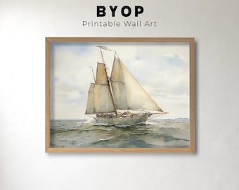 Vintage Sailboat Oil Painting, Ocean Landscape Wall Art, Instant Download