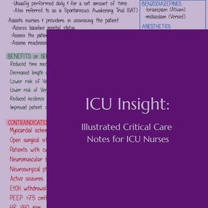 Puede incluir: Un libro morado titulado "ICU Insight: Illustrated Critical Care Notes for ICU Nurses" de Brynn Oliver. La portada presenta texto sobre la sedación, los beneficios y los términos médicos, con una ilustración de sol.