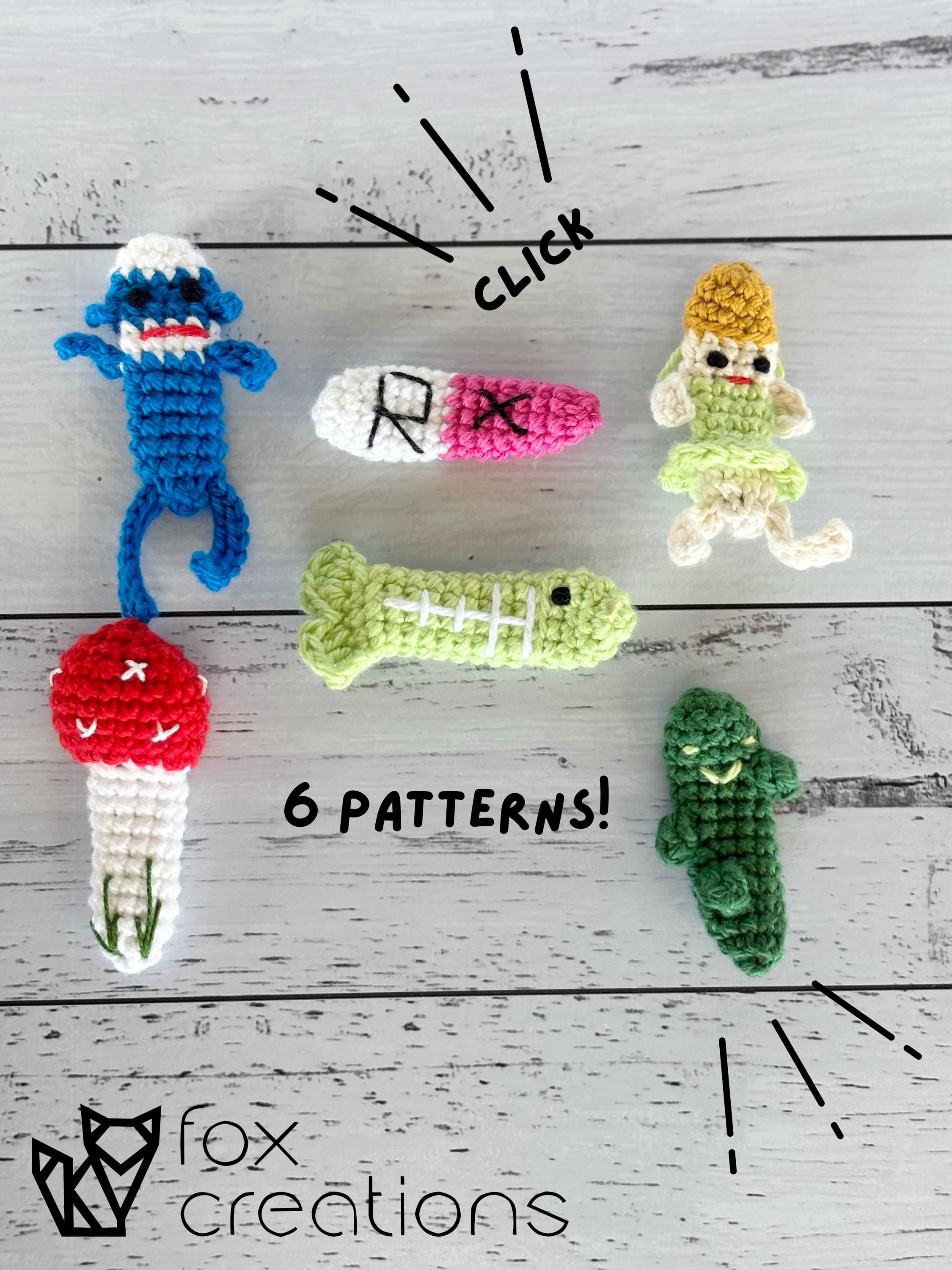 36 Crochet Hair Clips with Sunflowers, Bows, Flowers, and Fruit 17 Hair Clip Fidget Crochet Pattern Bundle