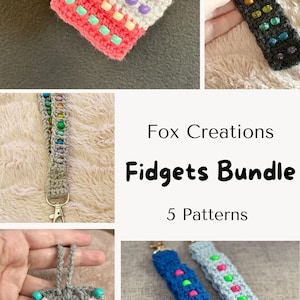 May include: Five crochet fidget patterns with colourful beads. The patterns include a square, a rectangle, and a long strap. Fox Creations Fidgets Bundle 5 Patterns.