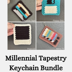 May include: A Millennial Tapestry Keychain Bundle featuring four crocheted keychains: a cassette tape, a floppy disk, a Polaroid photo, and a retro TV. Each keychain is a unique, colorful design, perfect for retro enthusiasts.